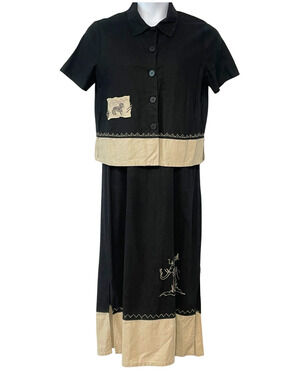 Vtg 90s Studio Ease Sz 12 Jacket & Maxi Dress Set Linen Blend Safari Animals
